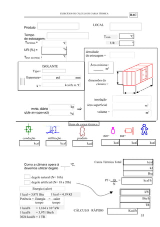 RAC
EXERCÍCIOS DE CÁLCULO DE CARGA TÉRMICA
Produto
Tempo
de estocagem:
TINTERNA =
UR (%) =
TENT. DO PROD. =
mvto. diário =
qtde armazenada=
Como a câmara opera à _____ o
C,
devemos utilizar degelo :
Kcal/h
53
TAMB-
VERÃO:
ISOLANTE
densidade
de estocagem =
dimensões da
câmara =
área superficial
=
volume =
insolação
=
ítens da carga térmica
infiltraçãocondução produto
kcal kcal kcal
pol mm
kcal/h m o
C
m2
m3
kg
kg
o
C
kcal kcalkcal
pot= pot=
o
C
UR %
%
Tipo=
Espessura=
k =
⇒
Carga Térmica Total kcal
kJ
Btu
degelo natural (N= 16h)
degelo artificial (N= 18 a 20h)
kcal/h
1 kcal = 4,19 KJ
kW
Btu/h
1 kcal = 3,971 Btu
TR
1 kcal/h = 1,164 x 10-3
kW
1 kcal/h = 3,971 Btu/h
3024 kcal/h = 1 TR
Energia (calor)
Potência = Energia = calor
tempo tempo
Pf = Qt =
N
Área mínima=
______ m2
o
C
Kcal/h
LOCAL
CÁLCULO RÁPIDO
 
