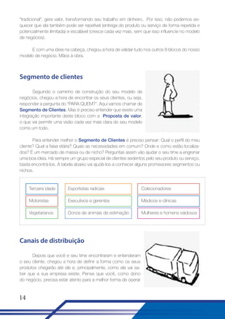 “tradicional”, gera valor, transformando seu trabalho em dinheiro. Por isso, não podemos esquecer que ela também pode ser repetível (entrega do produto ou serviço de forma repetida e
potencialmente ilimitada) e escalável (cresce cada vez mais, sem que isso influencie no modelo
de negócios).
E com uma ideia na cabeça, chegou a hora de validar tudo nos outros 8 blocos do nosso
modelo de negócio. Mãos à obra.

Segmento de clientes
Seguindo o caminho de construção do seu modelo de
negócios, chegou a hora de encontrar os seus clientes, ou seja,
responder a pergunta do “PARA QUEM?”. Aqui vamos chamar de
Segmento de Clientes. Mas é preciso entender que existe uma
integração importante deste bloco com a Proposta de valor,
o que vai permitir uma visão cada vez mais clara do seu modelo
como um todo.
Para entender melhor o Segmento de Clientes é preciso pensar: Qual o perfil do meu
cliente? Qual a faixa etária? Quais as necessidades em comum? Onde e como estão localizados? É um mercado de massa ou de nicho? Perguntas assim vão ajudar o seu time a engrenar
uma boa ideia. Há sempre um grupo especial de clientes sedentos pelo seu produto ou serviço,
basta encontrá-los. A tabela abaixo vai ajudá-los a conhecer alguns promissores segmentos ou
nichos.

Terceira idade

Esportistas radicais

Colecionadores

Motoristas

Executivos e gerentes

Médicos e clínicas

Vegetarianos

Donos de animais de estimação

Mulheres e homens vaidosos

Canais de distribuição
Depois que você e seu time encontraram e entenderam
o seu cliente, chegou a hora de definir a forma como os seus
produtos chegarão até ele e, principalmente, como ele vai saber que a sua empresa existe. Pense que você, como dono
do negócio, precisa estar atento para a melhor forma de operar

14

 