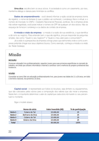 Uma dica: escolha bem os seus sócios. A sociedade é como um casamento, por isso,
mantenha diálogo e clareza para minimizar os conflitos.
Dados do empreendimento - você deverá informar a razão social da empresa (nome
de registro), o nome da fantasia (o que o público vai conhecer), o endereço físico e virtual, e o
número de inscrição no CNPJ – Cadastro Nacional de Pessoas Jurídicas. Se a empresa ainda
não estiver registrada, você pode indicar o número do CPF de qualquer um dos sócios. Não se
esqueça de fornecer o endereço e os dados de contato da empresa.
A missão e visão da empresa - a missão é a razão de sua existência, o que identifica
e dá rumo ao negócio. Para entender bem o que ela significa, procure responder às perguntas
simples, tais como: “Qual é o seu negócio?” e “Qual é o meu valor para o consumidor?”.
Já a visão é a perspectiva da empresa a longo prazo que demonstra onde e como a empresa pretende chegar aos seus objetivos futuros. Como exemplo, conheça a missão e a visão
da Rede Cedaspy:

Capital social - é representado por todos os recursos, seja dinheiro ou equipamentos,
que são colocados pelos sócios para a composição dos valores que vão iniciar a empresa.
Neste item, é importante determinar o valor do capital que cada sócio irá investir e o seu percentual no montante.
Siga o modelo abaixo:

22

 