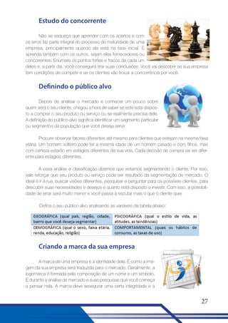 Estudo do concorrente
Não se esqueça que aprender com os acertos e com
os erros faz parte integral do processo de maturidade de uma
empresa, principalmente quando ela está na fase inicial. E
aprenda também com os outros, sejam eles fornecedores ou
concorrentes. Enumere os pontos fortes e fracos de cada um
deles e, a partir daí, você conseguirá tirar suas conclusões. Você vai descobrir se sua empresa
tem condições de competir e se os clientes vão trocar a concorrência por você.

Definindo o público alvo
Depois de analisar o mercado e conhecer um pouco sobre
quem será o seu cliente, chegou a hora de saber se este está disposto a comprar o seu produto ou serviço ou se realmente precisa dele.
A definição do público-alvo significa identificar um segmento particular
ou segmentos da população que você deseja servir.
Procure observar fatores diferentes até mesmo para clientes que estejam na mesma faixa
etária. Um homem solteiro pode ter a mesma idade de um homem casado e com filhos, mas
com certeza estarão em estágios diferentes da sua vida. Cada decisão de compra vai ser diferente para estágios diferentes.
A essa análise e classificação dizemos que estamos segmentando o cliente. Por isso,
vale reforçar que seu produto ou serviço pode ser resultado da segmentação de mercado. O
ideal é ir à rua, buscar visões diferentes, pesquisar e perguntar para os possíveis clientes, para
descobrir suas necessidades e desejos e quanto está disposto a investir. Com isso, a possibilidade de errar será muito menor e você passa a escutar mais o que o cliente quer.
Defina o seu público alvo analisando as variáveis da tabela abaixo:

Criando a marca da sua empresa
A marca de uma empresa é a identidade dela. É como a imagem da sua empresa será traduzida para o mercado. Geralmente, a
logomarca é formada pela composição de um nome e um símbolo.
É durante a análise de mercado e suas pesquisas que você começa
a pensar nela. A marca deve assegurar uma certa integridade e a

27

 