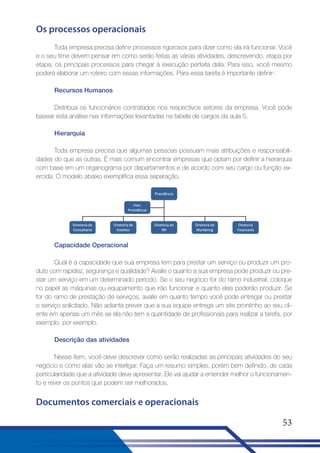 Os processos operacionais
Toda empresa precisa definir processos rigorosos para dizer como ela irá funcionar. Você
e o seu time devem pensar em como serão feitas as várias atividades, descrevendo, etapa por
etapa, os principais processos para chegar à execução perfeita dela. Para isso, você mesmo
poderá elaborar um roteiro com essas informações. Para essa tarefa é importante definir:
Recursos Humanos
Distribua os funcionários contratados nos respectivos setores da empresa. Você pode
basear esta análise nas informações levantadas na tabela de cargos da aula 5.
Hierarquia
Toda empresa precisa que algumas pessoas possuam mais atribuições e responsabilidades do que as outras. É mais comum encontrar empresas que optam por definir a hierarquia
com base em um organograma por departamentos e de acordo com seu cargo ou função exercida. O modelo abaixo exemplifica essa separação.

Capacidade Operacional
Qual é a capacidade que sua empresa tem para prestar um serviço ou produzir um produto com rapidez, segurança e qualidade? Avalie o quanto a sua empresa pode produzir ou prestar um serviço em um determinado período. Se o seu negócio for do ramo industrial, coloque
no papel as máquinas ou equipamento que irão funcionar e quanto elas poderão produzir. Se
for do ramo de prestação de serviços, avalie em quanto tempo você pode entregar ou prestar
o serviço solicitado. Não adianta prever que a sua equipe entrega um site prontinho ao seu cliente em apenas um mês se ela não tem a quantidade de profissionais para realizar a tarefa, por
exemplo, por exemplo.
Descrição das atividades
Nesse item, você deve descrever como serão realizadas as principais atividades do seu
negócio e como elas vão se interligar. Faça um resumo simples, porém bem definido, de cada
particularidade que a atividade deve apresentar. Ele vai ajudar a entender melhor o funcionamento e rever os pontos que podem ser melhorados.

Documentos comerciais e operacionais
53

 