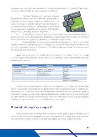 da quais os tipos de negócios existentes e como se comportam na economia atual. Dentre vários, vamos relacionar três que são de grande importância:
•
Franquia: Sistema pelo qual uma empresa
(franqueador) cede a outro empreendedor (franqueado) o
direito de uso da marca ou patente, ou distribuir seus produtos e serviços. A grande vantagem dos franqueados é
que eles assumem a operação de um negócio já testado e
de sucesso comprovado.Exemplos: Arezzo, Fisk, Giraffas,
McDonald’s, O Boticário, dentre muitas outras.
•
Home Office: O famoso “negócio em casa” surge como alternativa para quem tem
pouco recurso e que pode realizar uma atividade de qualquer lugar. Os exemplos mais comuns
estão nos setores de cosméticos, alimentos, confecções e negócios web.
•
Empresa familiar: Onde os empreendimentos são geridos por uma ou mais famílias
e onde a sucessão do poder decisório é hereditária. As vantagens de se trabalhar em família são
enormes, mas existem riscos. Por isso, é importante saber que seu time de negócios na família
tem que estar bem estruturado.
Agora que você sabe que existem tipos diferentes de negócios, chegou a hora de
conhecer alguns dos principais ramos. Vamos dar o pontapé inicial, apresentando algumas
tendências do mercado:

Escolher um ramo de negócios pode ser uma tarefa um pouquinho complicada. Mas
lembre-se que você precisa abraçar aquilo que você realmente gosta de fazer. O resultado estará no caminho correto que você trilhar. É importante você entender que “a restrição amplia a
criatividade”, porque sem ela muitas das grandes ideias do mundo moderno nunca teriam saído
do papel. Pense que o avião só existe porque havia uma restrição de tempo, e que os grandes
edifícios só foram construídos por que falta de espaço para morar.

O modelo de negócios – o que é?
É fato que precisamos enxergar bem o futuro do nosso negócio, pois o mundo muda a
cada instante. Novas ideias aparecem trazendo novos desafios. A primeira dica é que você precisa estar sempre atento a essas mudanças para adaptá-las ao seu empreendimento.

9

 
