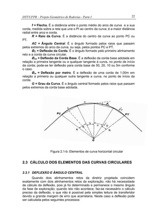 DTT/UFPR – Projeto Geométrico de Rodovias - Parte I 22
f = Flecha. É a distância entre o ponto médio do arco de curva e a sua
corda, medida sobre a reta que une o PI ao centro da curva; é a maior distância
radial entre arco e corda.
R = Raio da Curva. É a distância do centro da curva ao ponto PC ou
PT.
AC = Ângulo Central. É o ângulo formado pelos raios que passam
pelos extremos do arco da curva, ou seja, pelos pontos PC e PT.
ØC = Deflexão da Corda. É o ângulo formado pelo primeiro alinhamento
reto e a corda da curva circular.
Øcb = Deflexão da Corda Base. É a deflexão da corda base adotada em
relação a primeira tangente ou a qualquer tangente à curva, no ponto de início
da corda; pode-se ter deflexão para corda base de 50, 20, 10 ou 5m conforme
o caso.
Øm = Deflexão por metro. É a deflexão de uma corda de 1,00m em
relação a primeira ou qualquer outra tangente a curva, no ponto de início da
corda.
G = Grau da Curva. É o ângulo central formado pelos raios que passam
pelos extremos da corda base adotada.
Figura 2.1-b: Elementos de curva horizontal circular
2.3 CÁLCULO DOS ELEMENTOS DAS CURVAS CIRCULARES
2.3.1 DEFLEXÃO E ÂNGULO CENTRAL
Quando dois alinhamentos retos da diretriz projetada coincidem
exatamente com dois alinhamentos retos da exploração, não há necessidade
de cálculo da deflexão, pois já foi determinado e permanece o mesmo ângulo
da fase de exploração; quando isto não acontece, faz-se necessário o cálculo
preciso da deflexão, o que não é possível pela simples leitura de transferidor
devido a grande margem de erro que acarretaria. Neste caso a deflexão pode
ser calculada pelos seguintes processos:
 