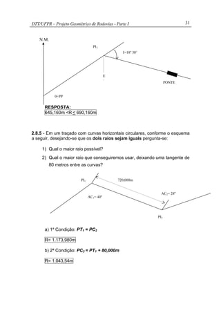 DTT/UFPR – Projeto Geométrico de Rodovias - Parte I 31
RESPOSTA:
645,160m <R < 690,160m
2.8.5 - Em um traçado com curvas horizontais circulares, conforme o esquema
a seguir, desejando-se que os dois raios sejam iguais pergunta-se:
1) Qual o maior raio possível?
2) Qual o maior raio que conseguiremos usar, deixando uma tangente de
80 metros entre as curvas?
a) 1ª Condição: PT1 = PC2
R= 1.173,980m
b) 2ª Condição: PC2 = PT1 + 80,000m
R= 1.043,54m
AC1= 40º
AC2= 28o
720,000mPI1
PI2
N.M.
0=PP
PI1
E
I=18º 30’
PONTE
 