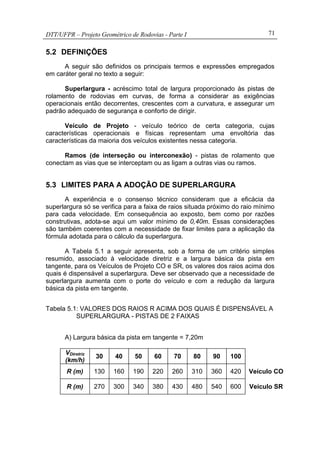 DTT/UFPR – Projeto Geométrico de Rodovias - Parte I 71
5.2 DEFINIÇÕES
A seguir são definidos os principais termos e expressões empregados
em caráter geral no texto a seguir:
Superlargura - acréscimo total de largura proporcionado às pistas de
rolamento de rodovias em curvas, de forma a considerar as exigências
operacionais então decorrentes, crescentes com a curvatura, e assegurar um
padrão adequado de segurança e conforto de dirigir.
Veículo de Projeto - veículo teórico de certa categoria, cujas
características operacionais e físicas representam uma envoltória das
características da maioria dos veículos existentes nessa categoria.
Ramos (de interseção ou interconexão) - pistas de rolamento que
conectam as vias que se interceptam ou as ligam a outras vias ou ramos.
5.3 LIMITES PARA A ADOÇÃO DE SUPERLARGURA
A experiência e o consenso técnico consideram que a eficácia da
superlargura só se verifica para a faixa de raios situada próximo do raio mínimo
para cada velocidade. Em consequência ao exposto, bem como por razões
construtivas, adota-se aqui um valor mínimo de 0,40m. Essas considerações
são também coerentes com a necessidade de fixar limites para a aplicação da
fórmula adotada para o cálculo da superlargura.
A Tabela 5.1 a seguir apresenta, sob a forma de um critério simples
resumido, associado à velocidade diretriz e a largura básica da pista em
tangente, para os Veículos de Projeto CO e SR, os valores dos raios acima dos
quais é dispensável a superlargura. Deve ser observado que a necessidade de
superlargura aumenta com o porte do veículo e com a redução da largura
básica da pista em tangente.
Tabela 5.1: VALORES DOS RAIOS R ACIMA DOS QUAIS É DISPENSÁVEL A
SUPERLARGURA - PISTAS DE 2 FAIXAS
A) Largura básica da pista em tangente = 7,20m
VDiretriz
(km/h)
30 40 50 60 70 80 90 100
R (m) 130 160 190 220 260 310 360 420 Veículo CO
R (m) 270 300 340 380 430 480 540 600 Veículo SR
 