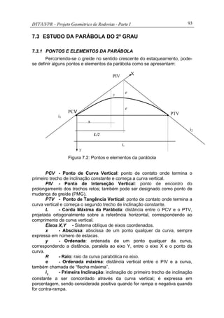 DTT/UFPR – Projeto Geométrico de Rodovias - Parte I 93
7.3 ESTUDO DA PARÁBOLA DO 2º GRAU
7.3.1 PONTOS E ELEMENTOS DA PARÁBOLA
Percorrendo-se o greide no sentido crescente do estaqueamento, pode-
se definir alguns pontos e elementos da parábola como se apresentam:
Figura 7.2: Pontos e elementos da parábola
PCV - Ponto de Curva Vertical: ponto de contato onde termina o
primeiro trecho de inclinação constante e começa a curva vertical.
PIV - Ponto de Interseção Vertical: ponto de encontro do
prolongamento dos trechos retos; também pode ser designado como ponto de
mudança de greide (PMG).
PTV - Ponto de Tangência Vertical: ponto de contato onde termina a
curva vertical e começa o segundo trecho de inclinação constante.
L - Corda Máxima da Parábola: distância entre o PCV e o PTV,
projetada ortogonalmente sobre a referência horizontal, correspondendo ao
comprimento da curva vertical.
Eixos X,Y - Sistema oblíquo de eixos coordenados.
x - Abscissa: abscissa de um ponto qualquer da curva, sempre
expressa em número de estacas.
y - Ordenada: ordenada de um ponto qualquer da curva,
correspondendo a distância, paralela ao eixo Y, entre o eixo X e o ponto da
curva.
R - Raio: raio da curva parabólica no eixo.
e - Ordenada máxima: distância vertical entre o PIV e a curva,
também chamada de “flecha máxima”.
i1
- Primeira Inclinação: inclinação do primeiro trecho de inclinação
constante a ser concordado através da curva vertical; é expressa em
porcentagem, sendo considerada positiva quando for rampa e negativa quando
for contra-rampa.
PCV PTV
e
e
y
x
L/2
L
i2
X
Y
i1
PIV
 