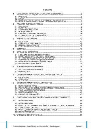 Projetos Elétricos – Curso Técnico em Eletrotécnica – Escola Master Página 2
SUMÁRIO
1 CONCEITOS, ATRIBUIÇÕES E RESPONSABILIDADES...................................3
1.1 PROJETO.........................................................................................................3
1.2 ÉTICA...............................................................................................................4
1.3 RESPONSABILIDADE E COMPETÊNCIA PROFISSIONAL............................5
2 PROJETO ELÉTRICO PREDIAL .........................................................................6
2.1 CONCEITO.......................................................................................................6
2.2 ETAPAS DE PROJETO....................................................................................6
2.3 NORMATIZAÇÃO...........................................................................................10
2.4 CRITÉRIOS PARA ELABORAÇÃO ................................................................10
2.5 FLUXOGRAMA DE ELABORAÇÃO ...............................................................11
3 PREVISÃO DE CARGAS...................................................................................12
3.1 OBJETIVO......................................................................................................12
3.2 ESTIMATIVA PRELIMINAR............................................................................12
3.3 PREVISÃO DE CARGAS................................................................................13
4 DEMANDA .........................................................................................................16
5 DIVISÃO EM CIRCUITOS..................................................................................17
5.1 LOCAÇÃO DO PONTOS ELÉTRICOS...........................................................17
5.2 DIVISÃO DA INSTALAÇÃO EM CIRCUITOS .................................................19
5.3 QUADRO DE DISTRIBUIÇÃO DE CARGAS ..................................................21
5.4 DESENHO DA INSTALAÇÃO ELÉTRICA ......................................................23
5.5 DIAGRAMAS UNIFILARES ............................................................................25
6 FORNECIMENTO DE ENERGIA .......................................................................28
6.1 SISTEMAS DE DISTRIBUIÇÃO......................................................................28
6.2 DEFINIÇÕES..................................................................................................29
7 DIMENSIONAMENTO DE CONDUTORES ELÉTRICOS..................................30
7.1 OBJETIVOS ...................................................................................................30
7.2 CRITÉRIOS....................................................................................................30
8 DIMENSIONAMENTO DE ELETRODUTOS......................................................43
8.1 DEFINIÇÕES E TIPOS...................................................................................43
8.2 INSTALAÇÃO DE CONDUTORES EM ELETRODUTOS ...............................43
8.3 TAXA MÁXIMA DE OCUPAÇÃO ....................................................................44
8.4 DIMENSIONAMENTO....................................................................................45
8.5 CAIXAS DE DERIVAÇÃO...............................................................................47
9 DISPOSITIVOS DE PROTEÇÃO CONTRA SOBRECORRENTES...................48
10 ATERRAMENTO ............................................................................................49
10.1ATERRAMENTO ............................................................................................49
10.2EFEITOS DA CORRENTE ELÉTRICA SOBRE O CORPO HUMANO............50
10.3TENSÃO DE CONTATO.................................................................................51
10.4PROTEÇÃO CONTRA CHOQUES ELÉTRICOS............................................51
10.5DISJUNTORES DR ........................................................................................53
REFERÊNCIAS BIBLIOGRÁFICAS..........................................................................56
 