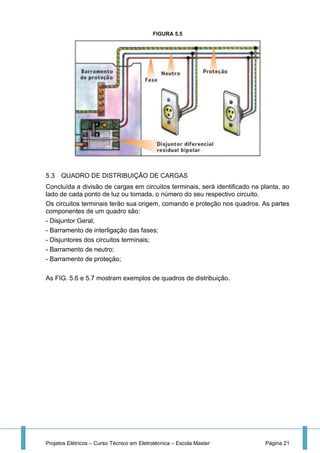Projetos Elétricos – Curso Técnico em Eletrotécnica – Escola Master Página 21
FIGURA 5.5
5.3 QUADRO DE DISTRIBUIÇÃO DE CARGAS
Concluída a divisão de cargas em circuitos terminais, será identificado na planta, ao
lado de cada ponto de luz ou tomada, o número do seu respectivo circuito.
Os circuitos terminais terão sua origem, comando e proteção nos quadros. As partes
componentes de um quadro são:
- Disjuntor Geral;
- Barramento de interligação das fases;
- Disjuntores dos circuitos terminais;
- Barramento de neutro;
- Barramento de proteção;
As FIG. 5.6 e 5.7 mostram exemplos de quadros de distribuição.
 