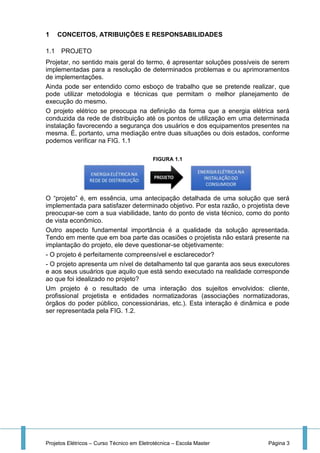 Projetos Elétricos – Curso Técnico em Eletrotécnica – Escola Master Página 3
1 CONCEITOS, ATRIBUIÇÕES E RESPONSABILIDADES
1.1 PROJETO
Projetar, no sentido mais geral do termo, é apresentar soluções possíveis de serem
implementadas para a resolução de determinados problemas e ou aprimoramentos
de implementações.
Ainda pode ser entendido como esboço de trabalho que se pretende realizar, que
pode utilizar metodologia e técnicas que permitam o melhor planejamento de
execução do mesmo.
O projeto elétrico se preocupa na definição da forma que a energia elétrica será
conduzida da rede de distribuição até os pontos de utilização em uma determinada
instalação favorecendo a segurança dos usuários e dos equipamentos presentes na
mesma. É, portanto, uma mediação entre duas situações ou dois estados, conforme
podemos verificar na FIG. 1.1
FIGURA 1.1
O “projeto” é, em essência, uma antecipação detalhada de uma solução que será
implementada para satisfazer determinado objetivo. Por esta razão, o projetista deve
preocupar-se com a sua viabilidade, tanto do ponto de vista técnico, como do ponto
de vista econômico.
Outro aspecto fundamental importância é a qualidade da solução apresentada.
Tendo em mente que em boa parte das ocasiões o projetista não estará presente na
implantação do projeto, ele deve questionar-se objetivamente:
- O projeto é perfeitamente compreensível e esclarecedor?
- O projeto apresenta um nível de detalhamento tal que garanta aos seus executores
e aos seus usuários que aquilo que está sendo executado na realidade corresponde
ao que foi idealizado no projeto?
Um projeto é o resultado de uma interação dos sujeitos envolvidos: cliente,
profissional projetista e entidades normatizadoras (associações normatizadoras,
órgãos do poder público, concessionárias, etc.). Esta interação é dinâmica e pode
ser representada pela FIG. 1.2.
 