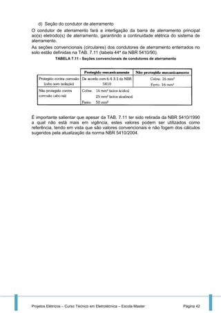 Projetos Elétricos – Curso Técnico em Eletrotécnica – Escola Master Página 42
d) Seção do condutor de aterramento
O condutor de aterramento fará a interligação da barra de aterramento principal
ao(s) eletrodo(s) de aterramento, garantindo a continuidade elétrica do sistema de
aterramento.
As seções convencionais (circulares) dos condutores de aterramento enterrados no
solo estão definidas na TAB. 7.11 (tabela 44ª da NBR 5410/90).
TABELA 7.11 - Seções convencionais de condutores de aterramento
É importante salientar que apesar da TAB. 7.11 ter sido retirada da NBR 5410/1990
a qual não está mais em vigência, estes valores podem ser utilizados como
referência, tendo em vista que são valores convencionais e não fogem dos cálculos
sugeridos pela atualização da norma NBR 5410/2004.
 