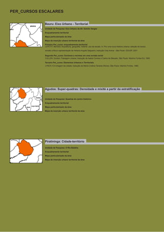 PER_CURSOS ESCALARES
Bauru: Eixo Urbano - Territorial
Unidade de Pesquisa: Eixo Urbano da AV. Getúlio Vargas
Enquadramento territorial
Mapa particularizado da área
Mapa da inserção urbano territorial da área
Primeiro Per_curso: enquadramento territorial
LEPETIT, Bernard, Arquitetura, geografia, história: uso da escala. In: Por uma nova história urbana; seleção de textos,
revisão crítica e apresentação de Heliana Angotti Salgueiro; tradução Cely Arena - São Paulo: EDUSP, 2001
Segundo Per_curso: Enclaves e recintos em uma revisão serial
CULLEN, Gordon, Paisagem urbana; tradução de Isabel Correia e Carlos de Macedo, São Paulo: Martins Fontes Ed, 1983
Terceiro Per_curso: Elementos Urbanos e Territoriais
LYNCH, K.A imagem da cidade; tradução de Maria Cristina Tavares Afonso; São Paulo: Martins Fontes, 1980.

Agudos: Super-quadras: Densidade e mixitè a partir da estratificação
Unidade de Pesquisa: Quadras do centro histórico
Enquadramento territorial
Mapa particularizado da área
Mapa da inserção urbano territorial da área

Piratininga: Cidade-território
Unidade de Pesquisa: O Rio Batalha
Enquadramento territorial
Mapa particularizado da área
Mapa da inserção urbano territorial da área

 