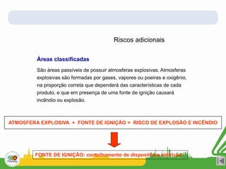 Riscos adicionais
Áreas classificadas
FONTE DE IGNIÇÃO: centelhamento de dispositivos elétricos.
ATMOSFERA EXPLOSIVA + FONTE DE IGNIÇÃO = RISCO DE EXPLOSÃO E INCÊNDIO
São áreas passíveis de possuir atmosferas explosivas. Atmosferas
explosivas são formadas por gases, vapores ou poeiras e oxigênio,
na proporção correta que dependerá das características de cada
produto, e que em presença de uma fonte de ignição causará
incêndio ou explosão.
 