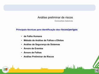 Principais técnicas para identificação dos riscos/perigos
• de Falha Humana
• Método de Análise de Falhas e Efeitos
• Análise de Segurança de Sistemas
• Árvore de Eventos
• Árvore de Falhas
• Análise Preliminar de Riscos
Análise preliminar de riscos
Conceitos básicos
 