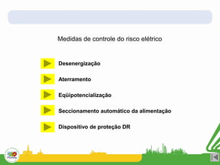 Desenergização
Aterramento
Eqüipotencialização
Seccionamento automático da alimentação
Dispositivo de proteção DR
Medidas de controle do risco elétrico
 