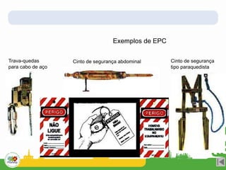 Exemplos de EPC
Cinto de segurança abdominal Cinto de segurança
tipo paraquedista
Trava-quedas
para cabo de aço
 