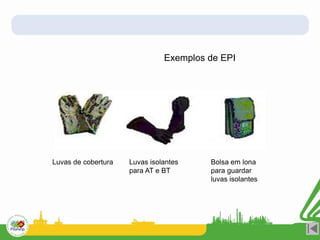 Exemplos de EPI
Luvas de cobertura Luvas isolantes
para AT e BT
Bolsa em lona
para guardar
luvas isolantes
 