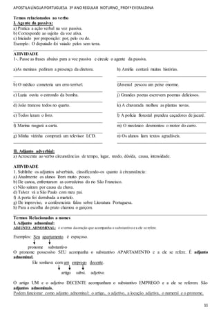 APOSTILA LÍNGUA PORTUGUESA 3º ANOREGULAR NOTURNO_PROFªEVERALDINA
11
Temos relacionados ao verbo
I. Agente da passiva:
a) Pratica a ação verbal na voz passiva.
b) Corresponde ao sujeito da voz ativa.
c) Iniciado por preposição: por, pelo ou de.
Exemplo: O deputado foi vaiado pelos sem terra.
_______________________________________________________________________________________
ATIVIDADE
1-. Passe as frases abaixo para a voz passiva e circule o agente da passiva.
a)As meninas pediram a presença da diretora.
________________________________________
_
b) O médico cometeria um erro terrível.
________________________________________
c) Luzia ouviu o estrondo da bomba.
________________________________________
d) João trancou todos no quarto.
________________________________________
e) Todos leram o livro.
________________________________________
f) Marina rasgará a carta.
________________________________________
g) Minha vizinha comprará um televisor LCD.
________________________________________
h) Amélia contará muitas histórias.
________________________________________
_______________________
i)Juvenal pescou um peixe enorme.
________________________________________
j) Grandes poetas escrevem poemas deliciosos.
________________________________________
k) A chuvarada molhou as plantas novas.
________________________________________
l) A polícia florestal prendeu caçadores de jacaré.
________________________________________
m) O mecânico desmontou o motor do carro.
________________________________________
n) Os alunos liam textos agradáveis.
________________________________________
II. Adjunto adverbial:
a) Acrescenta ao verbo circunstâncias de tempo, lugar, modo, dúvida, causa, intensidade.
ATIVIDADE
1. Sublinhe os adjuntos adverbiais, classificando-os quanto à circunstância:
a) Atualmente os alunos lêem muito pouco.
b) De canoa, enfrentaram as corredeiras do rio São Francisco.
c) Não saíram por causa da chuva.
d) Talvez vá a São Paulo com meu pai.
f) A porta foi derrubada a martelo.
g) De improviso, o conferencista falou sobre Literatura Portuguesa.
h) Para a escolha do prato chamou o garçom.
_______________________________________________________________________________________
Termos Relacionados a nomes
I. Adjunto adnominal:
ADJUNTO ADNOMINAL: é o termo da oração que acompanha o substantivo e a ele se refere.
Exemplos: Seu apartamento é espaçoso.
pronome substantivo
O pronome possessivo SEU acompanha o substantivo APARTAMENTO e a ele se refere. É adjunto
adnominal.
Ele sonhava com um emprego decente.
artigo subst. adjetivo
O artigo UM e o adjetivo DECENTE acompanham o substantivo EMPREGO e a ele se referem. São
adjuntos adnominais.
Podem funcionar como adjunto adnominal: o artigo, o adjetivo, a locução adjetiva, o numeral e o pronome.
 