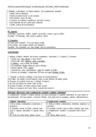 APOSTILA LÍNGUA PORTUGUESA 3º ANOREGULAR NOTURNO_PROFªEVERALDINA
13
3. Sublinhe e classifique (1) objeto indireto; (2) complemento nominal:
( ) Tinha ódio às injustiças.
( ) Nada sei relativamente a este assunto.
( ) Não duvides nunca de mim.
( ) A notícia do acidente espalhou-se por todo o bairro.
( ) Não depende de nós a aprovação unânime.
( ) Tenho certeza da sua inocência.
_____________________________________________________________________________________
IV. Aposto:
a) Detalha, caracteriza melhor, explica ou resume o nome a que se refere.
Exemplo: O Flamengo, time carioca, ganhou ontem.
V. Vocativo:
a) Usado para "chamar" o ser com quem se fala.
b) Na escrita, vem sempre isolado por vírgula(s)
Exemplo: Era a primeira vez, meu amigo, que eu a encontrava.
ATIVIDADE
1. Indique a função sintática dos termos assinalados, colocando: ( 1 ) aposto, 2 ) vocativo.
( ) Aonde vais, meu mestre, a estas horas?
( ) Ofereci-lhe tudo: dinheiro, afeto e prestígio.
( ) Carlinhos, você é ainda um menino.
( ) 0 comandante Paulo embarcou para a Europa.
( ) Deseja alguma coisa, senhor?
( ) Automóveis, iates, apartamentos, tudo foi vendido no leilão.
( ) Haverá, no domingo, campeonato de remo na Lagoa Rodrigo Freitas.
2.. Assinale os apostos e indique a que termo da oração pertence:
a) Os filhos do capitão Nerval brincam todos os dias debaixo da minha janela.
b) Toureiro de verdade só há um, o Antônio Corajoso.
c) No mês de Janeiro faz muito calor no Rio.
d) 0 poeta Casimiro de Abreu morreu muito jovem.
e) Nunca se esqueceu de Castro Alves, o poeta dos escravos.
_____________________________________________________________________________________
Principais diferenças entre complemento nominal e adjunto adnominal
O complemento nominal é sempre iniciado por uma preposição e o adjunto adnominal às vezes inicia-se
por preposição. Por esse motivo, se houver dúvida, você pode usar os seguintes critérios diferenciadores:
Adjunto adnominal Complemento nominal
I. Só se refere a substantivos (concretos e
abstratos).
II. Quando o nome se refere, exprime uma
ação; a adjunto adnominal é o agente dessa
ação.
III. Pode em certas frases indicar posse.
I. Pode se referir a substantivos abstratos, adjetivos e a
advérbio.
II. Quando o nome a que se refere exprime uma ação,
o complemento nominal é o paciente (alvo) dessa
ação.
III. Nunca indica posse.
 