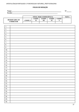 APOSTILA LÍNGUA PORTUGUESA 3º ANOREGULAR NOTURNO_PROFªEVERALDINA
17
FOLHA DE REDAÇÃO
Nome:______________________________________________________________ Nº______
Escola:_________________________________________________________
NÍVEL POR COMPETÊNCIA NOTA
RESERVADO AO
CORRETOR
COMP. I
COMP.
II
COMP.
III
COMP.
IV
COMP.
V
1.
2.
3.
4.
5.
6.
7.
8.
9.
10.
11.
12.
13.
14.
15.
16.
17.
18.
19.
20.
21.
22.
23.
24.
25.
26.
27.
28.
29.
30.
 