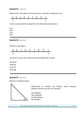 SAEP – Sistema de Avaliação Educacional de Palmas (TO) – Avaliação 1 – Fevereiro/2013 23
Questão 05 – (SAEP 2013)
Observando a reta abaixo, Renato descobriu a posição do algarismo zero.
A letra correspondente ao algarismo zero descoberta por Renato é
(A) c.
(B) d.
(C) e.
(D) f.
Questão 06 – (SAEP 2013)
Observe a reta abaixo.
O número , nessa reta numérica esta localizado entre as letras
(A) b e a.
(B) d e e.
(C) e e f.
(D) f e g
Questão 07 – (SAEP 2013)
Observe o triângulo abaixo.
Observando as medidas dos ângulos desse triangulo,
podemos afirmar que ele é um triângulo
(A) retângulo
(B) acutângulo
(C) obtusângulo
(D) isósceles
 