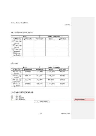 Curso Prático de HP12C
Advance
Anderson Cunha23
06. Complete o quadro abaixo:
TAXA TAXA EFETIVA
NOMINAL p/trimestre p/semestre p/ano p/33 dias
326% a.a. cap.
mensal
180% a.s. cap.
mensal
326% a.a. cap.
Semestral
326% a.m.
cap. Diária
Resposta
TAXA TAXA EFETIVA
NOMINAL p/trimestre p/semestre p/ano p/33 dias
326% a.a. cap.
mensal
105,65% 322,90% 1.688,46% 30,26%
180% a.s. cap.
mensal
119,70% 382,68% 2.229,81% 33,46%
326% a.a. cap.
semestral
62,17% 163,00% 591,69% 19,40%
326% a.m.
cap. Diária
192,58% 756,04% 7.227,98% 48,24%
14. TAXAS UNIFICADAS
{r}
{i}
π
a taxa real
a taxa aparente
a taxa de inflação
1 + i = (1 + r) (1 + π)
[TS1] Comentário:
 