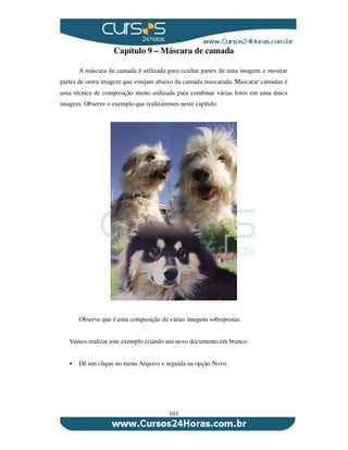 101
Capítulo 9 – Máscara de camada
A máscara de camada é utilizada para ocultar partes de uma imagem e mostrar
partes de outra imagem que estejam abaixo da camada mascarada. Mascarar camadas é
uma técnica de composição muito utilizada para combinar várias fotos em uma única
imagem. Observe o exemplo que realizaremos neste capítulo:
Observe que é uma composição de várias imagens sobrepostas.
Vamos realizar este exemplo criando um novo documento em branco.
Dê um clique no menu Arquivo e seguida na opção Novo.
 