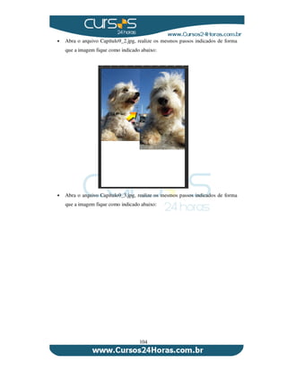 104
Abra o arquivo Capítulo9_2.jpg, realize os mesmos passos indicados de forma
que a imagem fique como indicado abaixo:
Abra o arquivo Capítulo9_3.jpg, realize os mesmos passos indicados de forma
que a imagem fique como indicado abaixo:
 