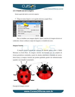 16
2.3. Criando um novo arquivo
Iremos agora dar início a um novo arquivo.
Clique no menu Arquivo e em seguida selecione a opção Novo.
Para se trabalhar com imagens digitais, alguns conceitos de imagens devem ser
conhecidos. Iremos conhecer os tipos de imagens e os modelos de cores.
Imagem Vetorial
A imagem vetorial é gerada por softwares de desenho gráfico como o Adobe
Illustrator ou Corel Draw. As imagens vetoriais são formadas por um conjunto de
formas geométricas construídas a partir de cálculos matemáticos chamadas de vetores,
desta forma, as imagens vetoriais não perdem qualidade quando são redimensionadas
(quando o seu tamanho é aumentado).
Exemplo de imagem vetorial
 
