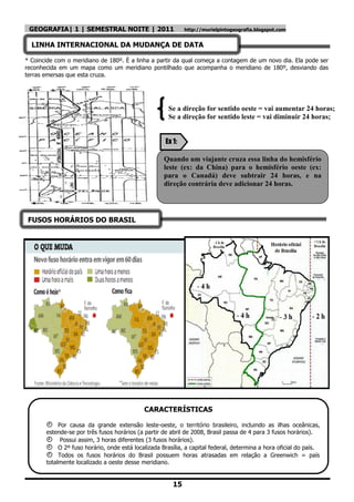 GEOGRAFIA| 1 | SEMESTRAL NOITE | 2011                      http://murielpintogeografia.blogspot.com


  LINHA INTERNACIONAL DA MUDANÇA DE DATA

* Coincide com o meridiano de 180º. È a linha a partir da qual começa a contagem de um novo dia. Ela pode ser
reconhecida em um mapa como um meridiano pontilhado que acompanha o meridiano de 180º, desviando das
terras emersas que esta cruza.




                                                     Se a direção for sentido oeste = vai aumentar 24 horas;
                                                     Se a direção for sentido leste = vai diminuir 24 horas;


                                                    Ex 1:

                                                   Quando um viajante cruza essa linha do hemisfério
                                                   leste (ex: da China) para o hemisfério oeste (ex:
                                                   para o Canadá) deve subtrair 24 horas, e na
                                                   direção contrária deve adicionar 24 horas.




 FUSOS HORÁRIOS DO BRASIL




                                            CARACTERÍSTICAS

        Por causa da grande extensão leste-oeste, o território brasileiro, incluindo as ilhas oceânicas,
       estende-se por três fusos horários (a partir de abril de 2008, Brasil passa de 4 para 3 fusos horários).
        Possui assim, 3 horas diferentes (3 fusos horários).
        O 2º fuso horário, onde está localizada Brasília, a capital federal, determina a hora oficial do país.
        Todos os fusos horários do Brasil possuem horas atrasadas em relação a Greenwich = país
       totalmente localizado a oeste desse meridiano.


                                                       15
 