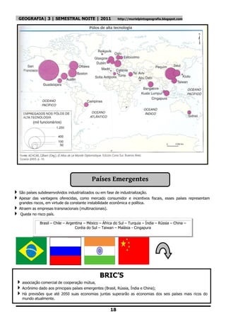 GEOGRAFIA| 3 | SEMESTRAL NOITE | 2011                       http://murielpintogeografia.blogspot.com




                                               Países Emergentes
 São países subdesenvolvidos industrializados ou em fase de industrialização.
 Apesar das vantagens oferecidas, como mercado consumidor e incentivos             fiscais, esses países representam
    grandes riscos, em virtude da constante instabilidade econômica e política.
   Atraem as empresas transnacionais (multinacionais).
    Queda no risco país.

                Brasil – Chile – Argentina – México – África do Sul – Turquia – Índia – Rússia – China –
                                      Coréia do Sul – Taiwan – Malásia - Cingapura




                                                    BRIC’S
  associação comercial de cooperação mútua,
  Acrônimo dado aos principais países emergentes (Brasil, Rússia, Índia e China);
  Há previsões que até 2050 suas economias juntas superarão as economias dos              seis países mais ricos do
     mundo atualmente.


                                                          18
 
