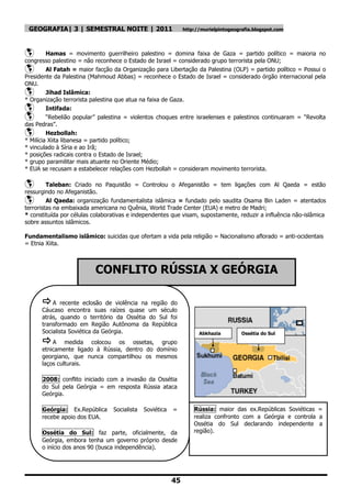 GEOGRAFIA| 3 | SEMESTRAL NOITE | 2011                         http://murielpintogeografia.blogspot.com




        Hamas = movimento guerrilheiro palestino = domina faixa de Gaza = partido político = maioria no
congresso palestino = não reconhece o Estado de Israel = considerado grupo terrorista pela ONU;
        Al Fatah = maior facção da Organização para Libertação da Palestina (OLP) = partido político = Possui o
Presidente da Palestina (Mahmoud Abbas) = reconhece o Estado de Israel = considerado órgão internacional pela
ONU.
        Jihad Islâmica:
* Organização terrorista palestina que atua na faixa de Gaza.
        Intifada:
        “Rebelião popular” palestina = violentos choques entre israelenses e palestinos continuaram = “Revolta
das Pedras”.
        Hezbollah:
* Milícia Xiita libanesa = partido político;
* vinculado à Síria e ao Irã;
* posições radicais contra o Estado de Israel;
* grupo paramilitar mais atuante no Oriente Médio;
* EUA se recusam a estabelecer relações com Hezbollah = consideram movimento terrorista.

        Taleban: Criado no Paquistão = Controlou o Afeganistão = tem ligações com Al Qaeda = estão
ressurgindo no Afeganistão.
        Al Qaeda: organização fundamentalista islâmica = fundado pelo saudita Osama Bin Laden = atentados
terroristas na embaixada americana no Quênia, World Trade Center (EUA) e metro de Madri;
* constituída por células colaborativas e independentes que visam, supostamente, reduzir a influência não-islâmica
sobre assuntos islâmicos.

Fundamentalismo islâmico: suicidas que ofertam a vida pela religião = Nacionalismo aflorado = anti-ocidentais
= Etnia Xiita.



                          CONFLITO RÚSSIA X GEÓRGIA

      A      recente eclosão de violência na região do
      Cáucaso encontra suas raízes quase um século
      atrás, quando o território da Ossétia do Sul foi
      transformado em Região Autônoma da República
      Socialista Soviética da Geórgia.                               Abkhazia         Ossétia do Sul
      A       medida colocou os ossetas, grupo
      etnicamente ligado à Rússia, dentro do domínio
      georgiano, que nunca compartilhou os mesmos
      laços culturais.

      2008: conflito iniciado com a invasão da Ossétia
      do Sul pela Geórgia = em resposta Rússia ataca
      Geórgia.

      Geórgia: Ex.República      Socialista   Soviética   =        Rússia: maior das ex.Repúblicas Soviéticas =
      recebe apoio dos EUA.                                        realiza confronto com a Geórgia e controla a
                                                                   Ossétia do Sul declarando independente a
      Ossétia do Sul: faz parte, oficialmente, da                  região).
      Geórgia, embora tenha um governo próprio desde
      o início dos anos 90 (busca independência).




                                                          45
 