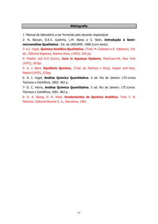 Bibliografia
1- Manual de laboratório a ser fornecido pelo docente responsável.
2- N. Baccan, O.E.S. Godinho, L.M. Aleixo e S. Stein, Introdução à Semimicroanálise Qualitativa - Ed. da UNICAMP, 1988 (Livro texto).
3- A.I. Vogel, Química Analítica Qualitativa, (Trad. M. Catalano e E. Catalano), 3rd.
ed., Editorial Kapelusz, Buenos Aires, (1953), 635 pp.
4- Moeller and R.O Connor, Ions in Aqueous Systems, MacGraw-Hill, New York
(1972), 367pp.
5- A. J. Bard, Equilíbrio Químico, (Trad. de Pacheco e Rico), Harper and Row,
Madrid (1970), 222pp.
6- A. I. Vogel, Análise Química Quantitativa. 6 ed. Rio de Janeiro: LTC-Livros
Técnicos e Científicos, 2002. 462 p.
7- D. C. Harris, Análise Química Quantitativa. 5 ed. Rio de Janeiro: LTC-Livros
Técnicos e Científicos, 2001. 862 p.
8- D. A. Skoog, D. N. West, Fundamentos de Química Analítica. Trad. F. B.
Martinez. Editorial Reverte S. A., Barcelona, 1981.

57

 