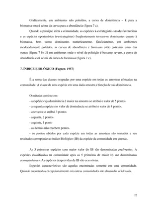 Graficamente, em ambientes não poluídos, a curva de dominância – k para a
biomassa estará acima da curva para a abundância (figura 7 a).
Quando a poluição afeta a comunidade, as espécies k-estrategistas são desfavorecidas
e as espécies oportunistas (r-estrategistas) freqüentemente tornam-se dominantes quanto à
biomassa,

bem

como

dominantes

numericamente.

Graficamente,

em

ambientes

moderadamente poluídos, as curvas de abundância e biomassa estão próximas umas das
outras (figura 7 b). Já em ambientes onde o nível de poluição é bastante severo, a curva de
abundância está acima da curva de biomassa (figura 7 c).
7. ÍNDICE BIOLÓGICO (Fagner, 1957)

É a soma das classes ocupadas por uma espécie em todas as amostras efetuadas na
comunidade. A classe de uma espécie em uma dada amostra é função de sua dominância.
O método consiste em:
- a espécie cuja dominância é maior na amostra se atribui o valor de 5 pontos.
- a segunda espécie em valor de dominância se atribui o valor de 4 pontos.
- a terceira se atribui 3 pontos
- a quarta, 2 pontos
- a quinta, 1 ponto
- as demais não recebem pontos.
- os pontos obtidos por cada espécie em todas as amostras são somados e seu
resultado corresponde ao índice Biológico (IB) da espécie da comunidade em questão.
As 5 primeiras espécies com maior valor do IB são denominadas preferentes. A
espécies classificadas na comunidade após as 5 primeiras de maior IB são denominadas
acompanhantes. As espécies desprovidas de IB são acessórias.
Espécies características são aquelas encontradas somente em uma comunidade.
Quando encontradas excepcionalmente em outras comunidades são chamadas acidentais.

22

 