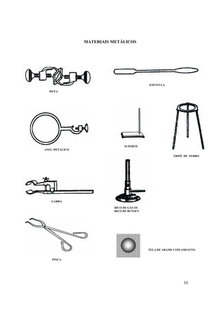 10
MATERIAIS METÁLICOS
ESPÁTULA
SUPORTE
MUFA
GARRA
ANEL METÁLICO
PINÇA
TELA DE ARAME COM AMIANTO
TRIPÉ DE FERRO
BICO DE GÁS OU
BICO DE BUNSEN
 