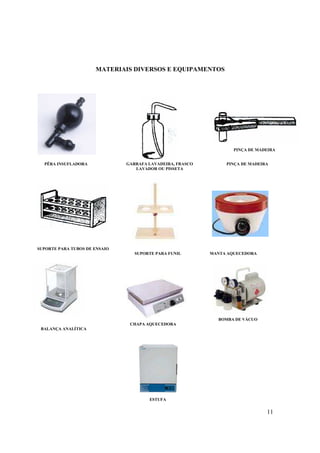 11
MATERIAIS DIVERSOS E EQUIPAMENTOS
PINÇA DE MADEIRA
GARRAFA LAVADEIRA, FRASCO
LAVADOR OU PISSETA
SUPORTE PARA TUBOS DE ENSAIO
MANTA AQUECEDORASUPORTE PARA FUNIL
PÊRA INSUFLADORA
BALANÇA ANALÍTICA
BOMBA DE VÁCUO
CHAPA AQUECEDORA
PINÇA DE MADEIRA
ESTUFA
 