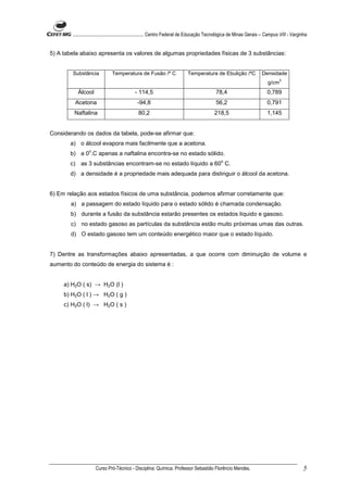 ........................................................... Centro Federal de Educação Tecnológica de Minas Gerais – Campus VIII - Varginha


5) A tabela abaixo apresenta os valores de algumas propriedades físicas de 3 substâncias:


        Substância             Temperatura de Fusão /º C                    Temperatura de Ebulição /ºC                 Densidade
                                                                                                                                  3
                                                                                                                           g/cm
           Álcool                           - 114,5                                          78,4                          0,789
         Acetona                              -94,8                                          56,2                          0,791
         Naftalina                            80,2                                          218,5                          1,145


Considerando os dados da tabela, pode-se afirmar que:
       a) o álcool evapora mais facilmente que a acetona.
                 o
       b) a 0 .C apenas a naftalina encontra-se no estado sólido.
                                                                                                o
       c) as 3 substâncias encontram-se no estado líquido a 60 C.
       d) a densidade é a propriedade mais adequada para distinguir o álcool da acetona.


6) Em relação aos estados físicos de uma substância, podemos afirmar corretamente que:
       a) a passagem do estado líquido para o estado sólido é chamada condensação.
       b) durante a fusão da substância estarão presentes os estados líquido e gasoso.
       c) no estado gasoso as partículas da substância estão muito próximas umas das outras.
       d) O estado gasoso tem um conteúdo energético maior que o estado líquido.


7) Dentre as transformações abaixo apresentadas, a que ocorre com diminuição de volume e
aumento do conteúdo de energia do sistema é :


     a) H2O ( s) → H2O (l )
     b) H2O ( l ) → H2O ( g )
     c) H2O ( l) → H2O ( s )




                     Curso Pró-Técnico - Disciplina: Química. Professor Sebastião Florêncio Mendes.                                             5
 