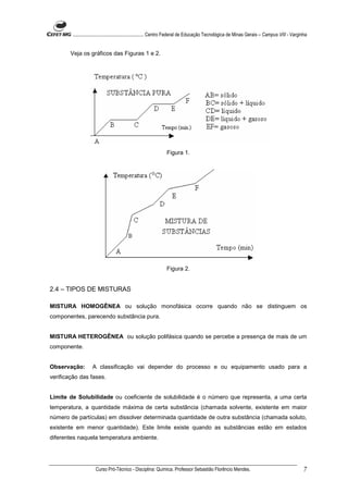 ........................................................... Centro Federal de Educação Tecnológica de Minas Gerais – Campus VIII - Varginha


        Veja os gráficos das Figuras 1 e 2.




                                                                Figura 1.




                                                                Figura 2.


2.4 – TIPOS DE MISTURAS

MISTURA HOMOGÊNEA ou solução monofásica ocorre quando não se distinguem os
componentes, parecendo substância pura.


MISTURA HETEROGÊNEA ou solução polifásica quando se percebe a presença de mais de um
componente.


Observação:         A classificação vai depender do processo e ou equipamento usado para a
verificação das fases.


Limite de Solubilidade ou coeficiente de solubilidade é o número que representa, a uma certa
temperatura, a quantidade máxima de certa substância (chamada solvente, existente em maior
número de partículas) em dissolver determinada quantidade de outra substância (chamada soluto,
existente em menor quantidade). Este limite existe quando as substâncias estão em estados
diferentes naquela temperatura ambiente.




                      Curso Pró-Técnico - Disciplina: Química. Professor Sebastião Florêncio Mendes.                                             7
 