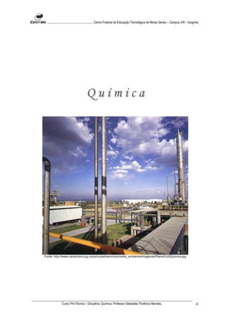 ........................................................... Centro Federal de Educação Tecnológica de Minas Gerais – Campus VIII - Varginha




                                     Química




Fonte: http://www.canacintra.org.mx/principal/servicios/medio_ambiente/imagenes/Planta%20Quimica.jpg




              Curso Pró-Técnico - Disciplina: Química. Professor Sebastião Florêncio Mendes.                                             ii
 