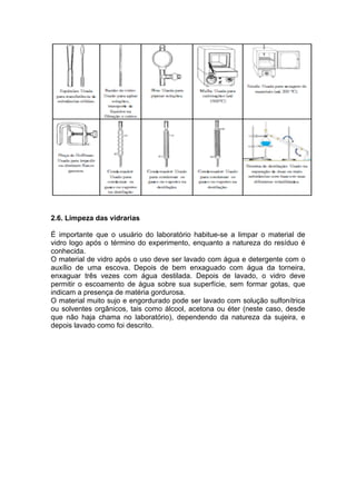 2.6. Limpeza das vidrarias

É importante que o usuário do laboratório habitue-se a limpar o material de
vidro logo após o término do experimento, enquanto a natureza do resíduo é
conhecida.
O material de vidro após o uso deve ser lavado com água e detergente com o
auxílio de uma escova. Depois de bem enxaguado com água da torneira,
enxaguar três vezes com água destilada. Depois de lavado, o vidro deve
permitir o escoamento de água sobre sua superfície, sem formar gotas, que
indicam a presença de matéria gordurosa.
O material muito sujo e engordurado pode ser lavado com solução sulfonítrica
ou solventes orgânicos, tais como álcool, acetona ou éter (neste caso, desde
que não haja chama no laboratório), dependendo da natureza da sujeira, e
depois lavado como foi descrito.
 