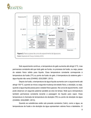 9
Sob aquecimento contínuo, a temperatura do gelo aumenta até atingir 0 ºC, mas
permanece constante até que todo gelo se funda, no processo de fusão, ou seja, passa
do estado físico sólido para líquido. Essa temperatura constante corresponde à
temperatura de fusão (TF) ou ponto de fusão do gelo. A temperatura do sistema gelo +
água líquida não varia (CHANG; GOLDSBY, 2013).
Depois da fusão, a temperatura da água líquida aumenta com o aquecimento até
atingir 100 ºC, quando se inicia a segunda mudança de estado físico, a ebulição, ou seja,
quando a água líquida passa para o estado físico gasoso. Na curva de aquecimento, você
pode observar um segundo patamar paralelo ao eixo do tempo. Note que a temperatura
também permanece constante durante a passagem do líquido para vapor. Essa
temperatura é chamada de temperatura de ebulição (TE) ou ponto de ebulição da água
(CHANG; GOLDSBY, 2013).
Quando as substâncias estão sob pressão constante (1atm), como a água, as
temperaturas de fusão e de ebulição da água apresentam valores fixos e tabelados. O
 