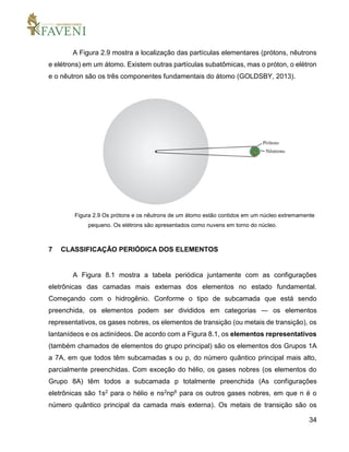 34
A Figura 2.9 mostra a localização das partículas elementares (prótons, nêutrons
e elétrons) em um átomo. Existem outras partículas subatômicas, mas o próton, o elétron
e o nêutron são os três componentes fundamentais do átomo (GOLDSBY, 2013).
Figura 2.9 Os prótons e os nêutrons de um átomo estão contidos em um núcleo extremamente
pequeno. Os elétrons são apresentados como nuvens em torno do núcleo.
7 CLASSIFICAÇÃO PERIÓDICA DOS ELEMENTOS
A Figura 8.1 mostra a tabela periódica juntamente com as configurações
eletrônicas das camadas mais externas dos elementos no estado fundamental.
Começando com o hidrogênio. Conforme o tipo de subcamada que está sendo
preenchida, os elementos podem ser divididos em categorias — os elementos
representativos, os gases nobres, os elementos de transição (ou metais de transição), os
lantanídeos e os actinídeos. De acordo com a Figura 8.1, os elementos representativos
(também chamados de elementos do grupo principal) são os elementos dos Grupos 1A
a 7A, em que todos têm subcamadas s ou p, do número quântico principal mais alto,
parcialmente preenchidas. Com exceção do hélio, os gases nobres (os elementos do
Grupo 8A) têm todos a subcamada p totalmente preenchida (As configurações
eletrônicas são 1s2 para o hélio e ns2np6 para os outros gases nobres, em que n é o
número quântico principal da camada mais externa). Os metais de transição são os
 