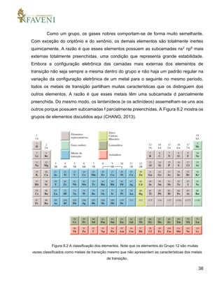 38
Como um grupo, os gases nobres comportam-se de forma muito semelhante.
Com exceção do criptônio e do xenônio, os demais elementos são totalmente inertes
quimicamente. A razão é que esses elementos possuem as subcamadas ns2 np6 mais
externas totalmente preenchidas, uma condição que representa grande estabilidade.
Embora a configuração eletrônica das camadas mais externas dos elementos de
transição não seja sempre a mesma dentro do grupo e não haja um padrão regular na
variação da configuração eletrônica de um metal para o seguinte no mesmo período,
todos os metais de transição partilham muitas características que os distinguem dos
outros elementos. A razão é que esses metais têm uma subcamada d parcialmente
preenchida. Do mesmo modo, os lantanídeos (e os actinídeos) assemelham-se uns aos
outros porque possuem subcamadas f parcialmente preenchidas. A Figura 8.2 mostra os
grupos de elementos discutidos aqui (CHANG, 2013).
Figura 8.2 A classificação dos elementos. Note que os elementos do Grupo 12 são muitas
vezes classificados como metais de transição mesmo que não apresentem as características dos metais
de transição.
 