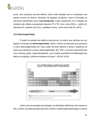 51
puras, não conduzem corrente elétrica. Cabe ainda ressaltar que os compostos com
grande número de átomos, derivados de ligações covalentes, levam à formação de
estruturas identificadas como macromoléculas. Essas substâncias, em condições de
ambiente são sólidas e apresentam elevadas TF e TE, como: sílica (SiO2)n , grafita (C),
diamante (C), celulose (C6H10O5)n, polietileno (C2H4)n, entre outros (SILVA, 2019).
10.5 Eletronegatividade
O poder de atração dos elétrons exercido por um átomo que participa de uma
ligação é chamado de eletronegatividade. Assim, o átomo do elemento que apresenta
a maior eletronegatividade tem maior poder de atrair elétrons e tende a afastá-los do
átomo que apresenta a menor eletronegatividade. Em 1932, o químico norte-americano
Linus Pauling propôs, experimentalmente, uma medida quantitativa da distribuição dos
elétrons na ligação, conforme mostrado na Figura 1 (SILVA, 2019).
Assim como as energias de ionização e as afinidades eletrônicas são maiores no
alto, à direita, da tabela periódica (próximo ao flúor), a eletronegatividade segue a mesma
 