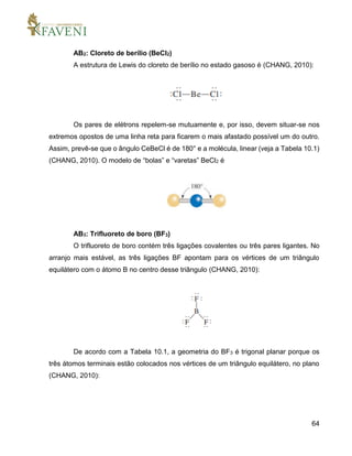 64
AB2: Cloreto de berílio (BeCl2)
A estrutura de Lewis do cloreto de berílio no estado gasoso é (CHANG, 2010):
Os pares de elétrons repelem-se mutuamente e, por isso, devem situar-se nos
extremos opostos de uma linha reta para ficarem o mais afastado possível um do outro.
Assim, prevê-se que o ângulo CeBeCl é de 180° e a molécula, linear (veja a Tabela 10.1)
(CHANG, 2010). O modelo de “bolas” e “varetas” BeCl2 é
AB3: Trifluoreto de boro (BF3)
O trifluoreto de boro contém três ligações covalentes ou três pares ligantes. No
arranjo mais estável, as três ligações BF apontam para os vértices de um triângulo
equilátero com o átomo B no centro desse triângulo (CHANG, 2010):
De acordo com a Tabela 10.1, a geometria do BF3 é trigonal planar porque os
três átomos terminais estão colocados nos vértices de um triângulo equilátero, no plano
(CHANG, 2010):
 