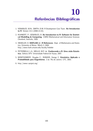 10
Referências Bibliográﬁcas
1. VENABLES, W.N.; SMITH, D.M; R Development Core Team. An Introduction
to R. Version 2.8.1 (2008-12-22).
2. KUHNERT, P.; VENABLES, B. An Introduction to R: Software for Statisti-
cal Modelling & Computing. CSIRO Mathematical and Information Sciences:
Cleveland, Australia, 2005.
3. HIEBELER, D. MATLAB c  R References. Dept. of Mathematics and Statis-
tics, University of Maine. March 3, 2009.
http://www.math.umaine.edu/faculty/hiebeler
4. PETERNELLI, L.A.; MELLO, M.P. de. Conhecendo o R: Uma visão Estatís-
tica. Editora UFV: Universidade Federal de Viçosa, 2007.
5. MONTGOMERY, Douglas C.; RUNGER, George C. Estatística Aplicada e
Probabilidade para Engenheiros. 2 ed. Rio de Janeiro: LTC, 2003.
6. http://www.r-project.org/
100
 