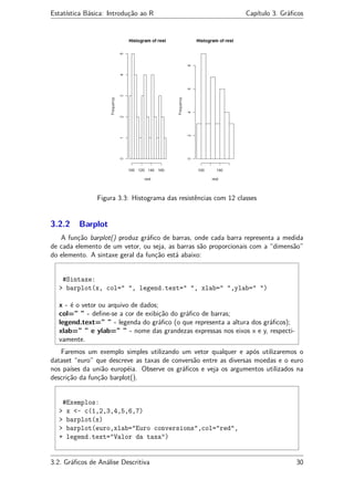 Estatística Básica: Introdução ao R Capítulo 3. Gráﬁcos
Figura 3.3: Histograma das resistências com 12 classes
3.2.2 Barplot
A função barplot() produz gráﬁco de barras, onde cada barra representa a medida
de cada elemento de um vetor, ou seja, as barras são proporcionais com a “dimensão”
do elemento. A sintaxe geral da função está abaixo:
#Sintaxe:
> barplot(x, col=" ", legend.text=" ", xlab=" ",ylab=" ")
x - é o vetor ou arquivo de dados;
col=” ” - deﬁne-se a cor de exibição do gráﬁco de barras;
legend.text=” ” - legenda do gráﬁco (o que representa a altura dos gráﬁcos);
xlab=” ” e ylab=” ” - nome das grandezas expressas nos eixos x e y, respecti-
vamente.
Faremos um exemplo simples utilizando um vetor qualquer e após utilizaremos o
dataset “euro” que descreve as taxas de conversão entre as diversas moedas e o euro
nos países da união européia. Observe os gráﬁcos e veja os argumentos utilizados na
descrição da função barplot().
#Exemplos:
> x <- c(1,2,3,4,5,6,7)
> barplot(x)
> barplot(euro,xlab="Euro conversions",col="red",
+ legend.text="Valor da taxa")
3.2. Gráﬁcos de Análise Descritiva 30
 