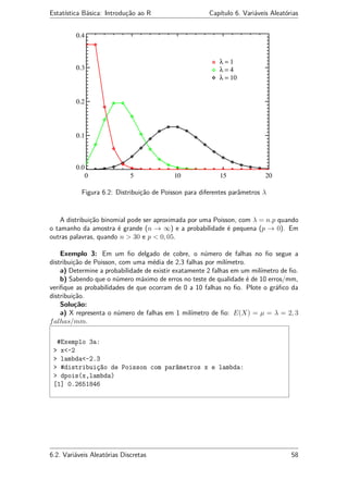 Estatística Básica: Introdução ao R Capítulo 6. Variáveis Aleatórias
Figura 6.2: Distribuição de Poisson para diferentes parâmetros λ
A distribuição binomial pode ser aproximada por uma Poisson, com λ = n.p quando
o tamanho da amostra é grande (n → ∞) e a probabilidade é pequena (p → 0). Em
outras palavras, quando n > 30 e p < 0, 05.
Exemplo 3: Em um ﬁo delgado de cobre, o número de falhas no ﬁo segue a
distribuição de Poisson, com uma média de 2,3 falhas por milímetro.
a) Determine a probabilidade de existir exatamente 2 falhas em um milímetro de ﬁo.
b) Sabendo que o número máximo de erros no teste de qualidade é de 10 erros/mm,
veriﬁque as probabilidades de que ocorram de 0 a 10 falhas no ﬁo. Plote o gráﬁco da
distribuição.
Solução:
a) X representa o número de falhas em 1 milímetro de ﬁo: E(X) = µ = λ = 2, 3
falhas/mm.
#Exemplo 3a:
> x<-2
> lambda<-2.3
> #distribuição de Poisson com parâmetros x e lambda:
> dpois(x,lambda)
[1] 0.2651846
6.2. Variáveis Aleatórias Discretas 58
 