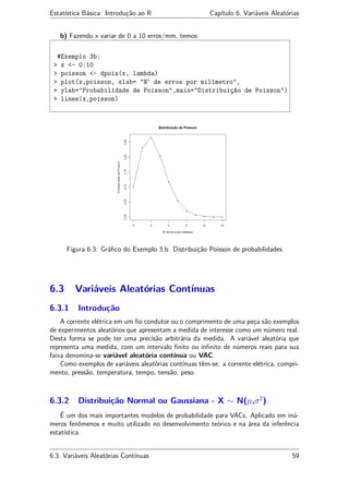 Estatística Básica: Introdução ao R Capítulo 6. Variáveis Aleatórias
b) Fazendo x variar de 0 a 10 erros/mm, temos:
#Exemplo 3b:
> x <- 0:10
> poisson <- dpois(x, lambda)
> plot(x,poisson, xlab= "N◦
de erros por milímetro",
+ ylab="Probabilidade de Poisson",main="Distribuição de Poisson")
> lines(x,poisson)
Figura 6.3: Gráﬁco do Exemplo 3.b: Distribuição Poisson de probabilidades
6.3 Variáveis Aleatórias Contínuas
6.3.1 Introdução
A corrente elétrica em um ﬁo condutor ou o comprimento de uma peça são exemplos
de experimentos aleatórios que apresentam a medida de interesse como um número real.
Desta forma se pode ter uma precisão arbitrária da medida. A variável aleatória que
representa uma medida, com um intervalo ﬁnito ou inﬁnito de números reais para sua
faixa denomina-se variável aleatória contínua ou VAC.
Como exemplos de variáveis aleatórias contínuas têm-se: a corrente elétrica, compri-
mento, pressão, temperatura, tempo, tensão, peso.
6.3.2 Distribuição Normal ou Gaussiana - X ∼ N(µ,σ2
)
É um dos mais importantes modelos de probabilidade para VACs. Aplicado em inú-
meros fenômenos e muito utilizado no desenvolvimento teórico e na área da inferência
estatística.
6.3. Variáveis Aleatórias Contínuas 59
 