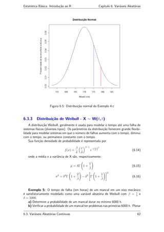 Estatística Básica: Introdução ao R Capítulo 6. Variáveis Aleatórias
Figura 6.5: Distribuição normal do Exemplo 4.c
6.3.3 Distribuição de Weibull - X ∼ W(δ,β)
A distribuição Weibull, geralmente é usada para modelar o tempo até uma falha de
sistemas físicos (diversos tipos). Os parâmetros da distribuição fornecem grande ﬂexibi-
lidade para modelar sistemas em que o número de falhas aumenta com o tempo, diminui
com o tempo, ou permanece constante com o tempo.
Sua função densidade de probabilidade é representada por:
f(x) =
β
δ
x
δ
β−1
e−(x
δ )
β
(6.14)
onde a média e a variância de X são, respectivamente:
µ = δΓ 1 +
1
β
(6.15)
σ2
= δ2
Γ 1 +
2
β
− δ2
Γ 1 +
1
β
2
(6.16)
Exemplo 5: O tempo de falha (em horas) de um mancal em um eixo mecânico
é satisfatoriamente modelado como uma variável aleatória de Weibull com β = 1
2
e
δ = 5000.
a) Determine a probabilidade de um mancal durar no mínimo 6000 h.
b) Veriﬁcar a probabilidade de um mancal ter problemas nas primeiras 6000 h. Plotar
6.3. Variáveis Aleatórias Contínuas 62
 