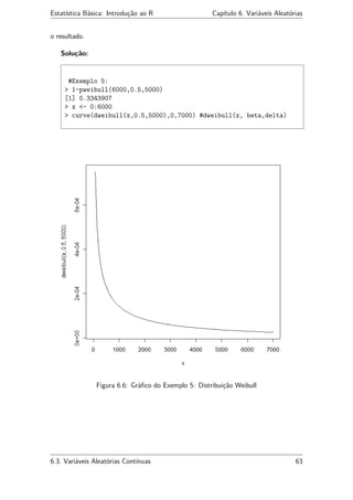 Estatística Básica: Introdução ao R Capítulo 6. Variáveis Aleatórias
o resultado.
Solução:
#Exemplo 5:
> 1-pweibull(6000,0.5,5000)
[1] 0.3343907
> x <- 0:6000
> curve(dweibull(x,0.5,5000),0,7000) #dweibull(x, beta,delta)
Figura 6.6: Gráﬁco do Exemplo 5: Distribuição Weibull
6.3. Variáveis Aleatórias Contínuas 63
 